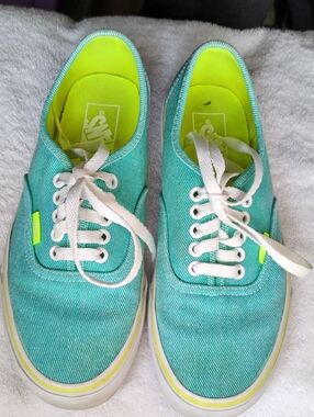 Vans Teal Canvas Low-Top Sneakers with Neon Green/Yellow Women 8